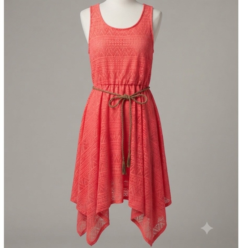Faded Glory Womens 4X Coral Pink Crochet Lace Handkerchief Hem Belted Midi Dress